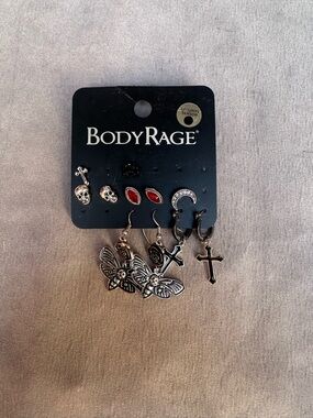BodyRage Silver Gothic Earring Set with Red Accents